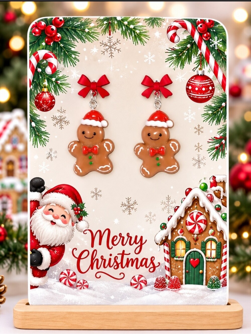Merry Christmas Gingerbread Men Red Bow Cookie Earrings